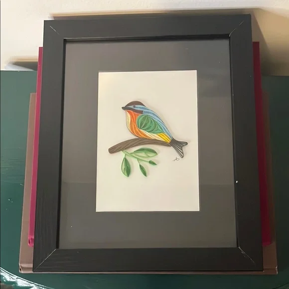 Handmade Quilled Paper Filigree Colorful Bird on Branch Signed Art Work Framed - Picture 1 of 4